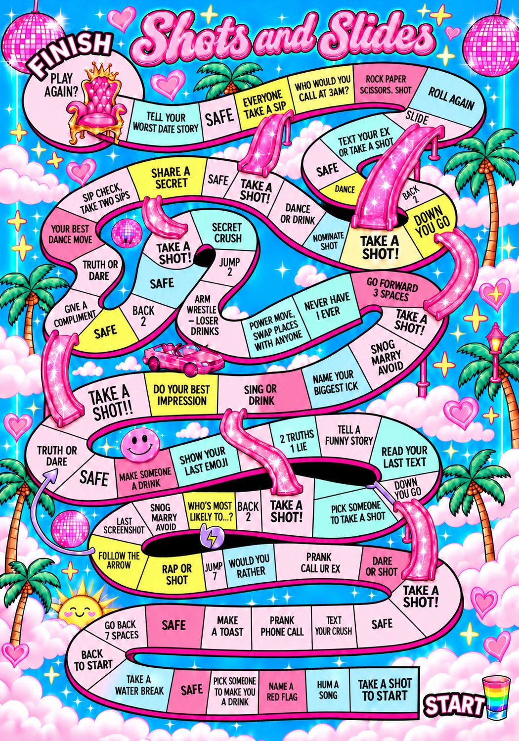Shots and Slides game board, with a winding pink track from Start to Finish
